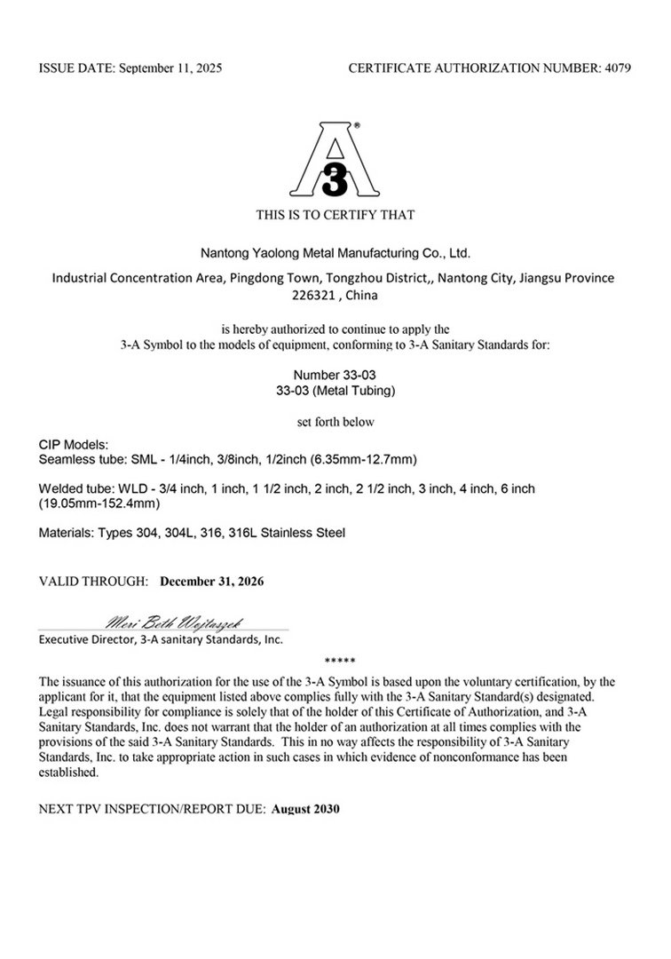 3-A SSI Sanitary Certificte
